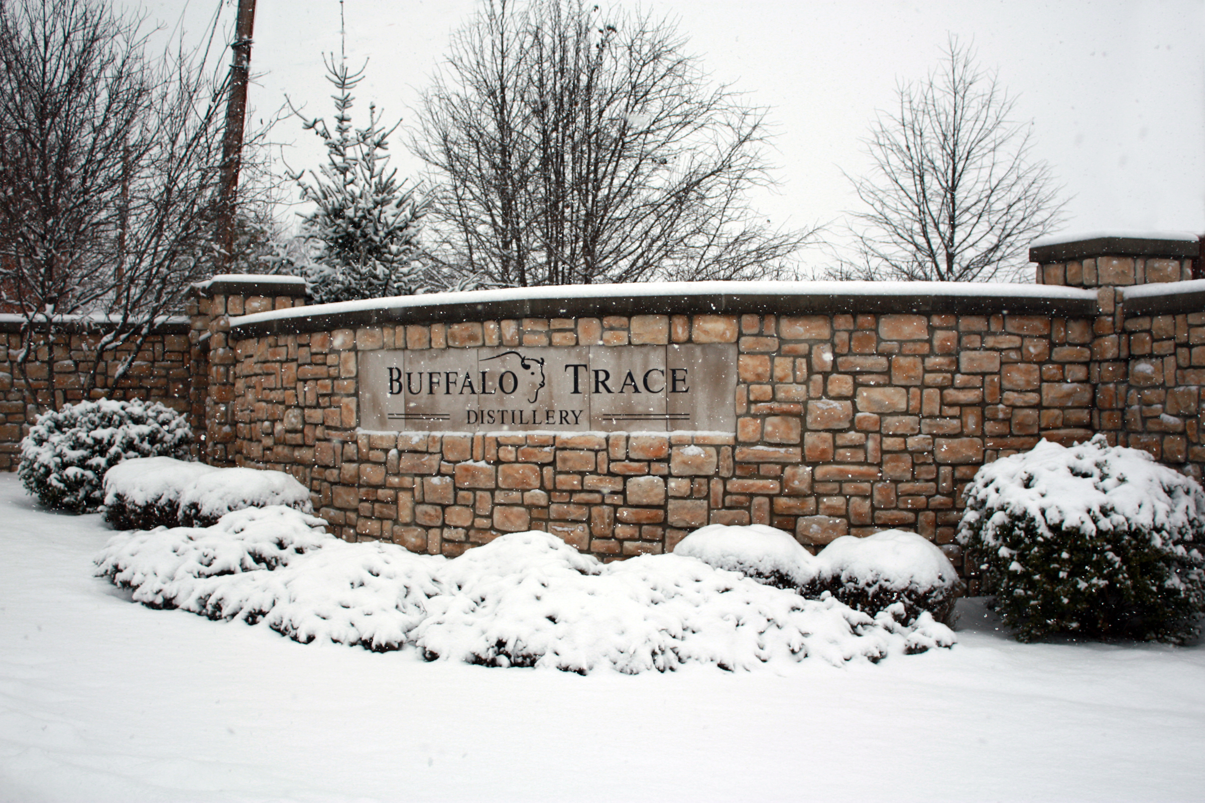 A picture of the Buffalo Trace Distillery entrance sign in snow intended for media kit usage.